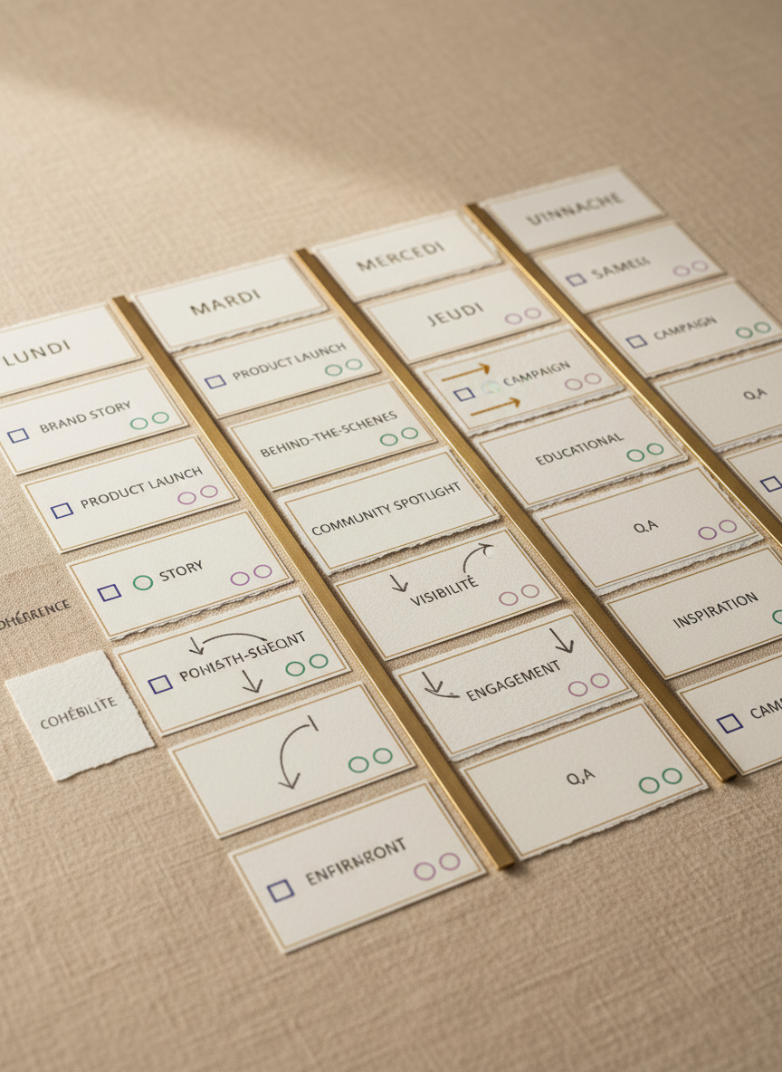 A close-up of a sophisticated content planning board laid out on a textured linen tablecloth in warm sand tones. Smooth, heavyweight index cards labeled with days of the week and content themes are arranged in precise columns, separated by slim brass dividers. Each card features tiny, elegant icons for posts, stories, and campaigns in muted jewel tones. Between columns, there are narrow strips of textured watercolor paper with hand-drawn arrows and keywords like “cohérence”, “visibilité”, and “engagement”. Gentle, directional light from the right creates soft shadows under each card, accentuating depth and tactile detail. Shot from a slightly oblique top-down angle with a shallow depth of field, the front row of cards is razor sharp while the back subtly blurs. The mood is serene, methodical, and creative, echoing high-end strategic community management.