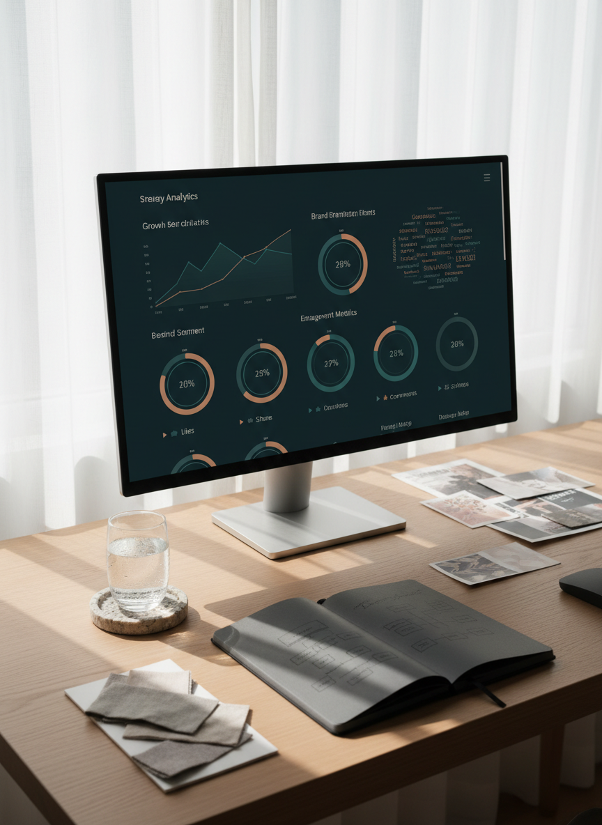 A refined social media analytics workspace centered around a large, thin-bezel monitor displaying a minimalist dashboard of line graphs, engagement metrics, and brand sentiment charts in deep teal and warm copper tones. The monitor sits on a pale oak desk with a velvety grain, accompanied by a textured stone coaster with a glass of sparkling water and a graphite notebook open to sketched strategy diagrams. Subtle fabric swatches and printed moodboard snippets are scattered with intentional elegance. Afternoon light filters through sheer curtains, creating a soft, luminous gradient on the wall and faint shadows along the desk edge. Framed from a slightly elevated, three-quarter angle, the image maintains clarity from foreground to background. The aesthetic is contemporary, calm, and analytical with luxurious textures, emphasizing data-driven yet creative community management.