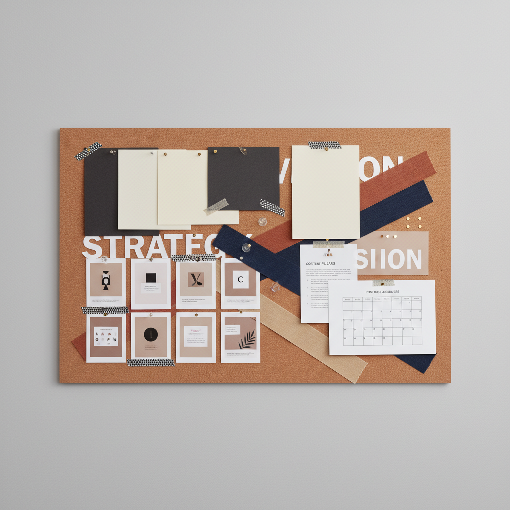 A sleek, oversized cork moodboard mounted on a matte dove-gray wall, densely curated with textured brand elements: swatches of premium paper in ivory and charcoal, neatly pinned printed social posts, fragments of bold typography, and strips of woven fabric in muted terracotta, ink blue, and warm sand. Delicate metal pins and washi tape hold layered layouts of content pillars and posting schedules. Soft, indirect studio lighting washes evenly across the board, enhancing the tactile quality of each material and casting barely-there shadows around the pinned pieces. Captured straight-on at eye level with sharp detail throughout, the scene exudes a polished, editorial atmosphere. The artistic style is minimalist yet rich in texture, conveying strategic thinking, visual coherence, and a sophisticated approach to communication.